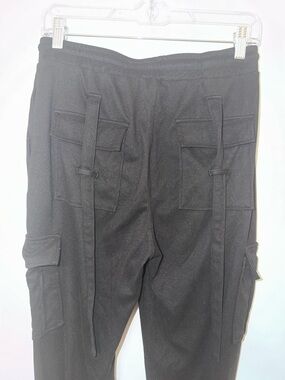 L Black Polyester Spandex Straight Cargo Pants Drawstring Pockets Straps